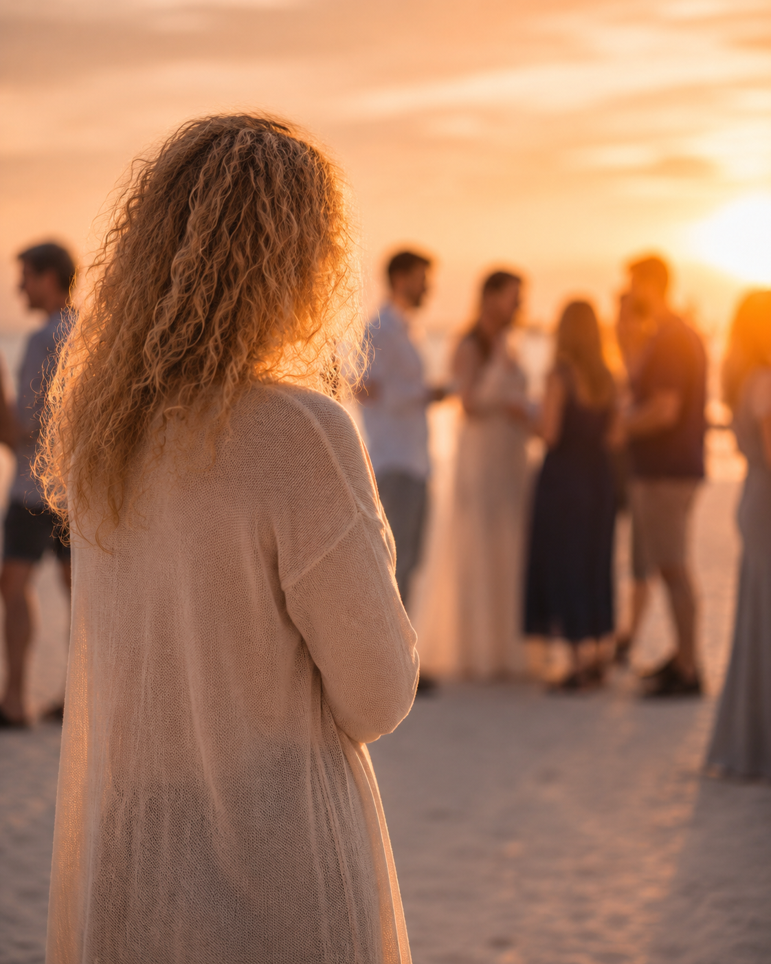 Frau blickt auf eine Menschengruppe – Symbolbild für Familienstrukturen und Generationsmuster